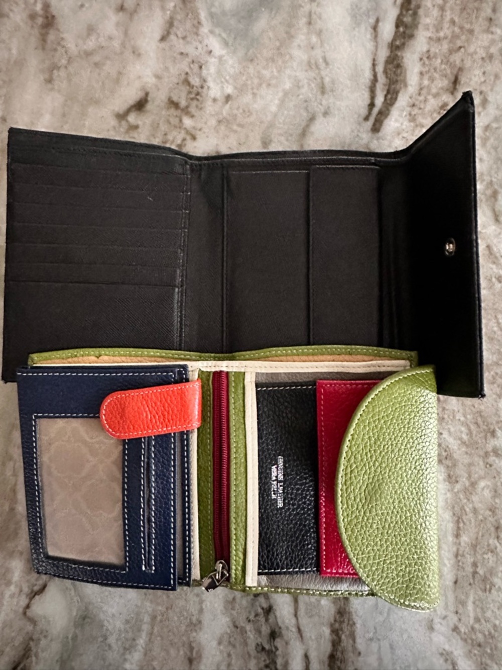 Prada Black Leather Triangular Logo Wallet with Green Leather Companion - Picture 2 of 2